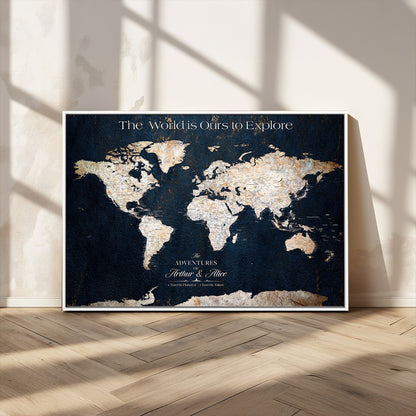 13231361-MGV-CV-36X24-Personalized World Map Wall Art – Navy Blue Vintage Adventure Travel Map with Custom Names, Elegant Push Pin Canvas for Couples