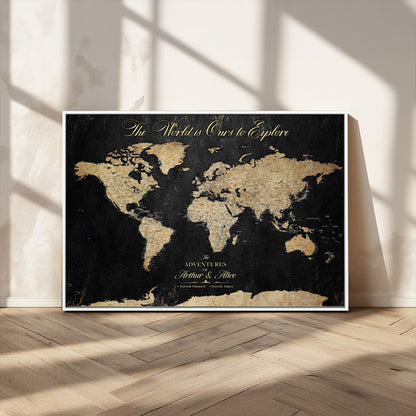 98947257-MGV-CV-36X24-Personalized World Map Wall Art – Vintage Black Adventure Travel Map with Custom Names, Elegant Push Pin Canvas for Couples Home
