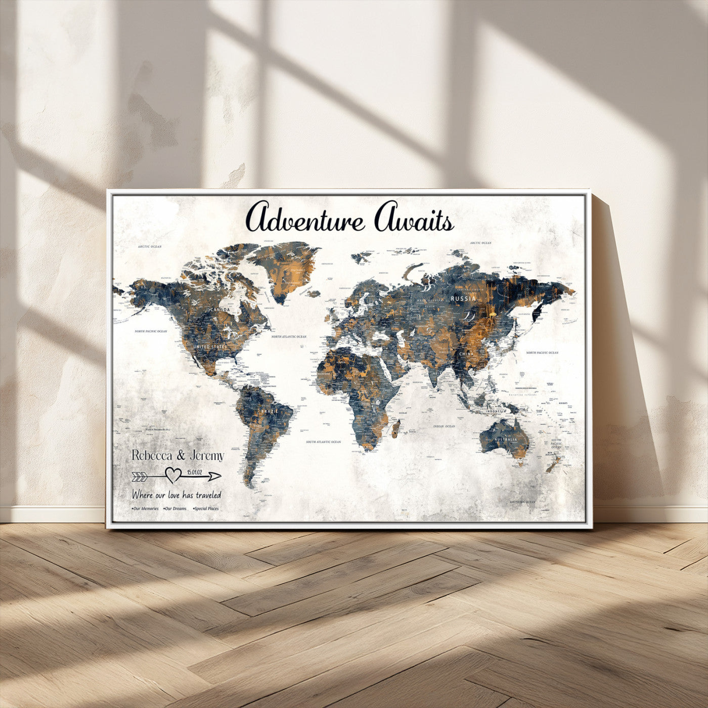 11751559-MGV-CV-36X24-Personalized World Map Wall Art – Elegant Adventure Travel Tracker Map for Couples & Families, Push Pin Canvas Poster Decor for Home, Office