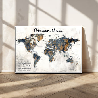 11751559-MGV-CV-36X24-Personalized World Map Wall Art – Elegant Adventure Travel Tracker Map for Couples & Families, Push Pin Canvas Poster Decor for Home, Office
