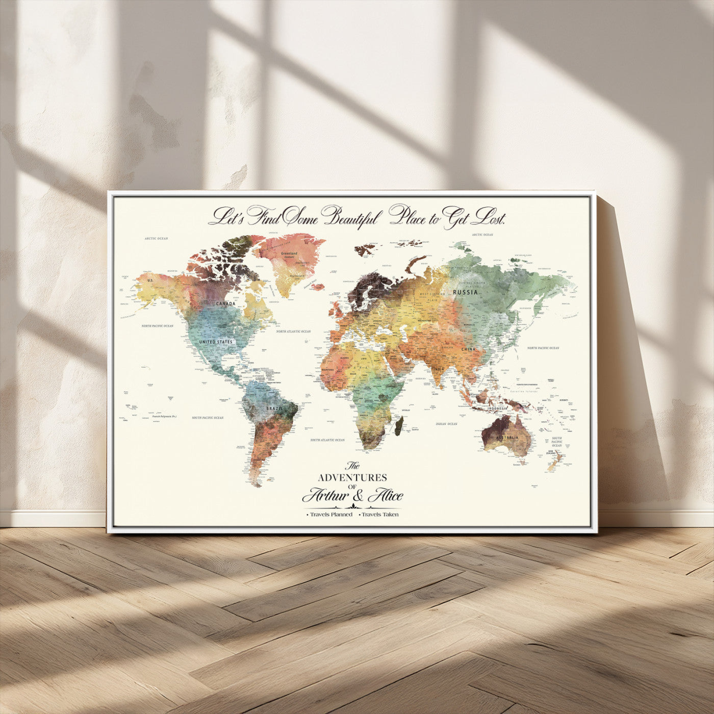 10311652-MGV-CV-36X24-Personalized World Map Wall Art - Watercolor Travel Map with Custom Names Minimalist Design for Couples&Families - Decor for Home,