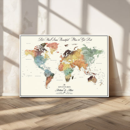 10311652-MGV-CV-36X24-Personalized World Map Wall Art - Watercolor Travel Map with Custom Names Minimalist Design for Couples&Families - Decor for Home,