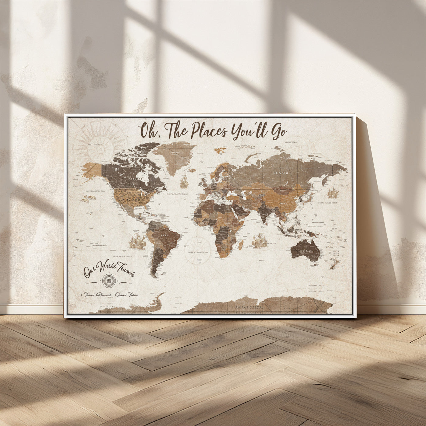 14140137-MGV-CV-36X24-Personalized World Map Wall Art – Vintage Nautical Adventure Map with Ships and Compass, Rustic Sepia Tones for Travel Lovers and
