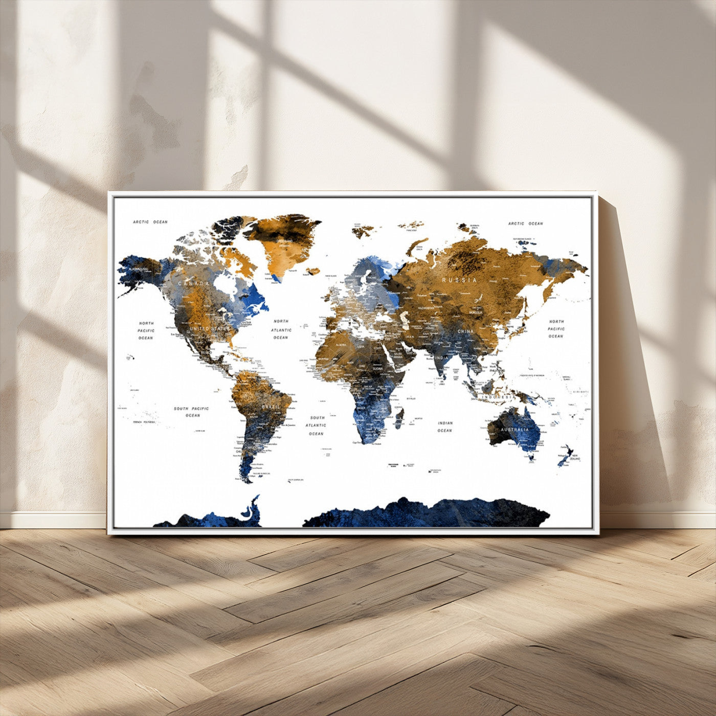 MGV-FC-36X24 - World Map Wall Art Canvas Print, Framed Blue Gold Map Art Picture Print, Rustic Atlas Perfect Rustic Modern Decor Artwork