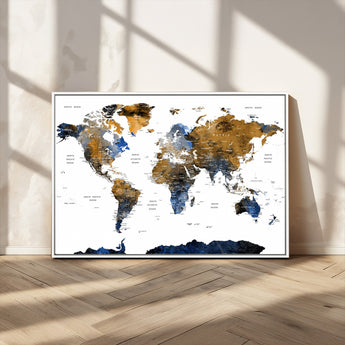 MGV-FC-36X24 - World Map Wall Art Canvas Print, Framed Blue Gold Map Art Picture Print, Rustic Atlas Perfect Rustic Modern Decor Artwork