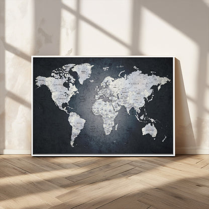 MGV-FC-36X24 - Monochrome World Map Wall Art Canvas Print, Framed Minimalist Map Art Picture Print, Modern Atlas Perfect Modern Minimalist Decor Artwork