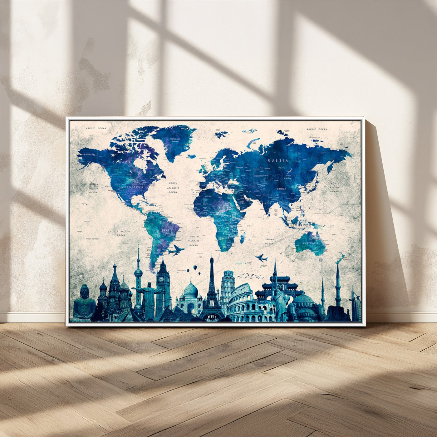 MGV-FC-36X24 - Blue World Map Wall Art Canvas Print, Framed Iconic Landmarks Art Picture Print, Blue Globe Map Perfect Elegant Explorer Decor Artwork