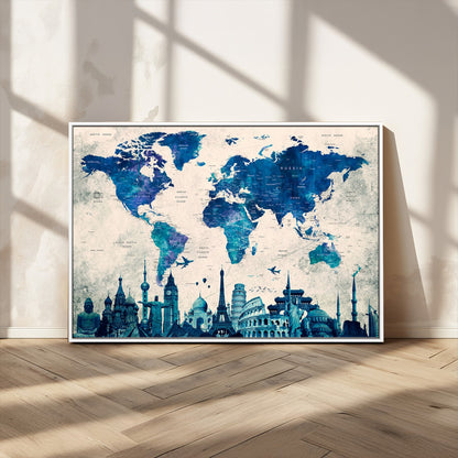 MGV-FC-36X24 - Blue World Map Wall Art Canvas Print, Framed Iconic Landmarks Art Picture Print, Blue Globe Map Perfect Elegant Explorer Decor Artwork