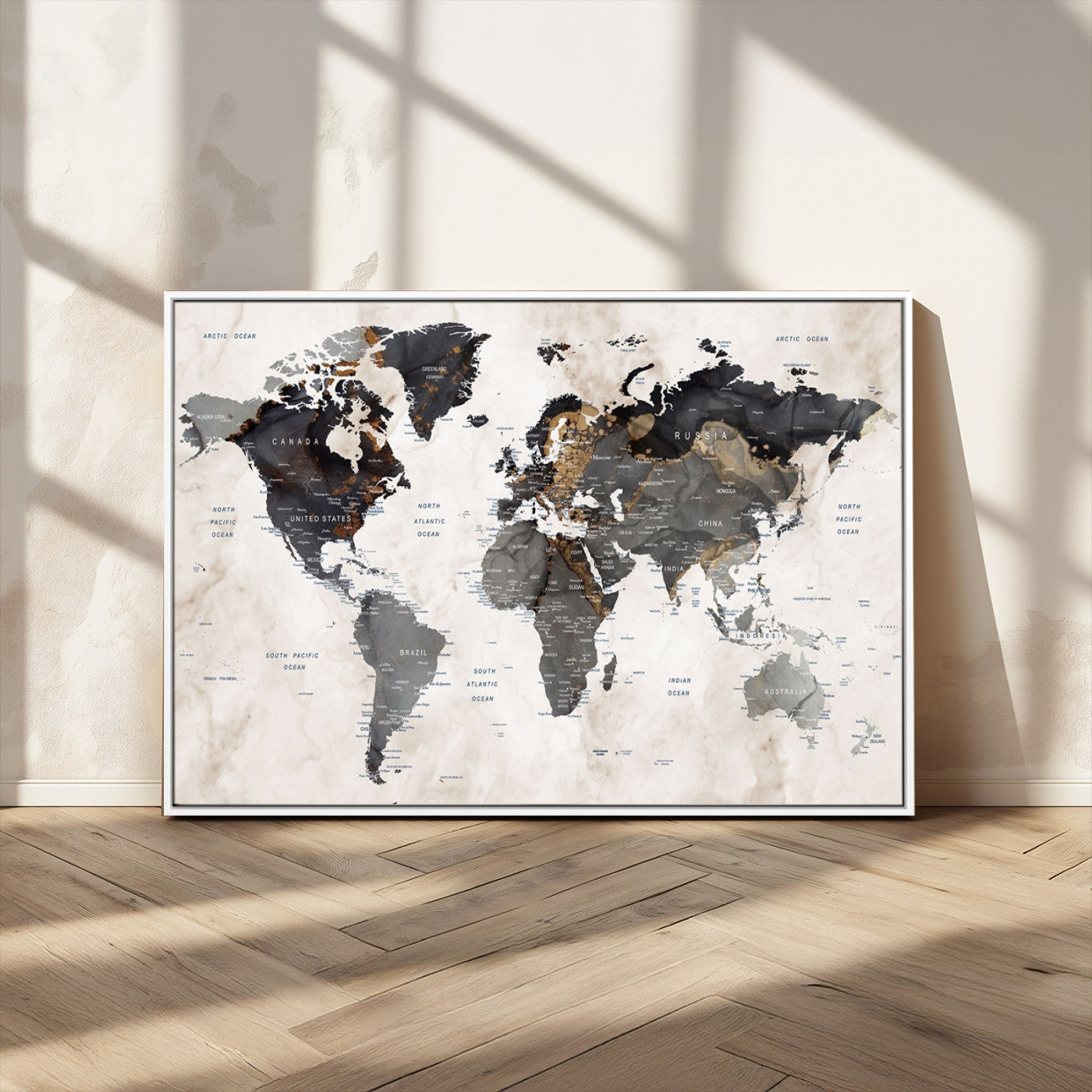 MGV-FC-36X24 - World Map Wall Art Canvas Print, Framed Rustic Map Art Picture Print, Antique Map Perfect Rustic Explorer Decor Artwork