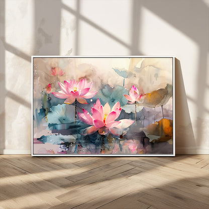 18414-MGV-CV-36X24-Pink Lotus Wall Art Canvas Print, Framed Water Lily Art Picture Print, Dreamy Floral Perfect Dreamy Botanical Decor Artwork