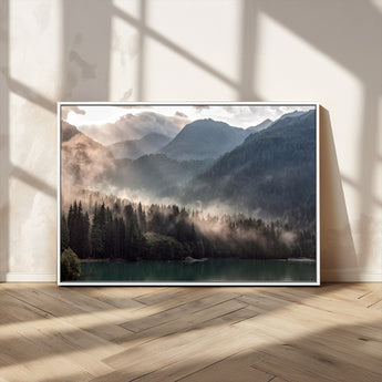 64758-MGV-CV-36X24-Misty Mountains Wall Art Canvas Print, Framed Moody Pines Art Picture Print, Forest Lake Perfect Moody Alpine Decor Artwork