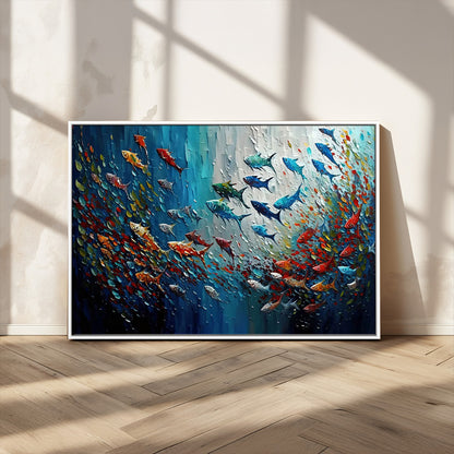 89626-MGV-CV-36X24-Fish Swarm Wall Art Canvas Print, Framed Abstract Ocean Art Picture Print, Underwater Life Perfect Vibrant Coastal Decor Artwork