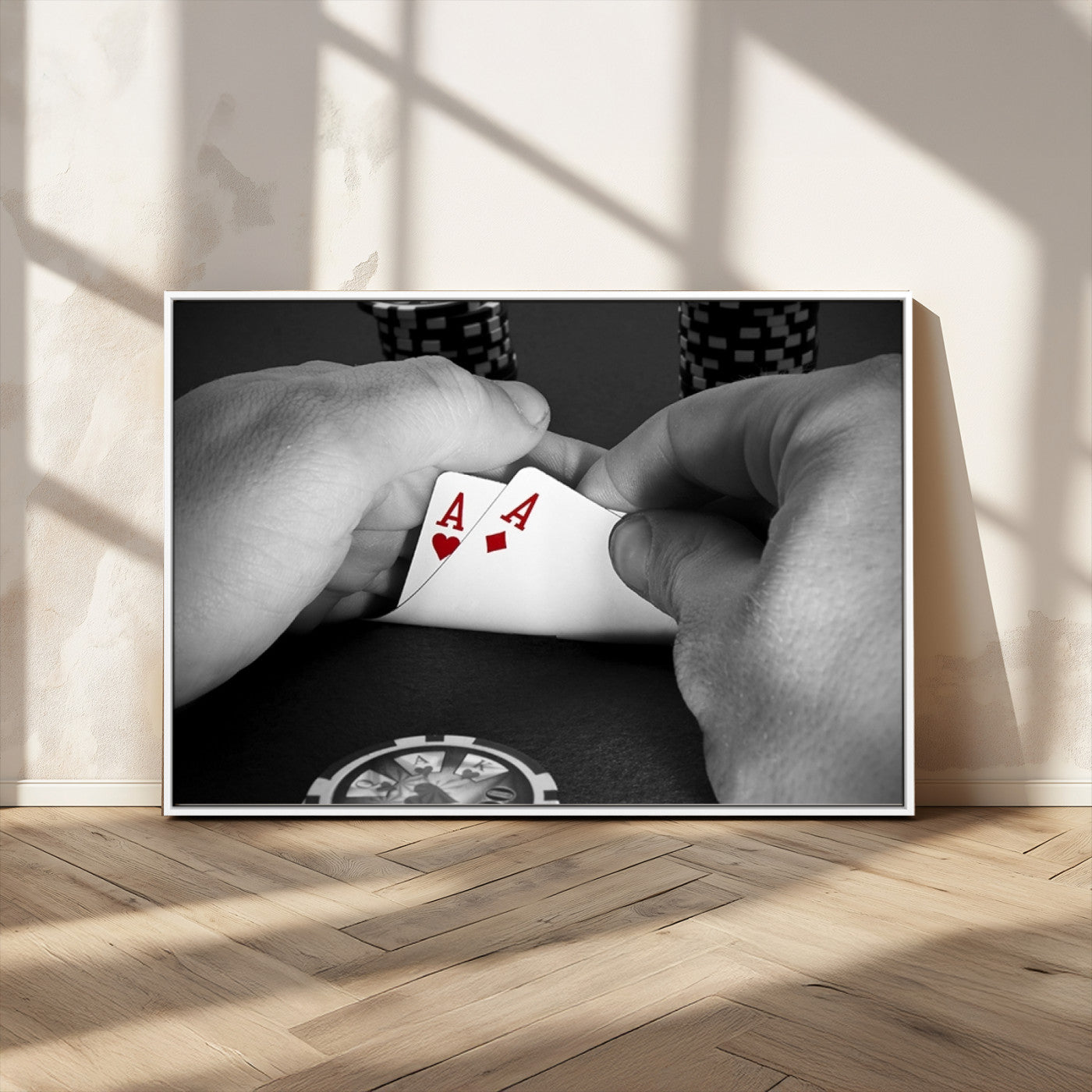 62460-MGV-FC-36X24_White-Poker Game Wall Art – Close Up of Hands Holding Aces with Chips, Casino Style Decor for Game Room, Man Cave or Office