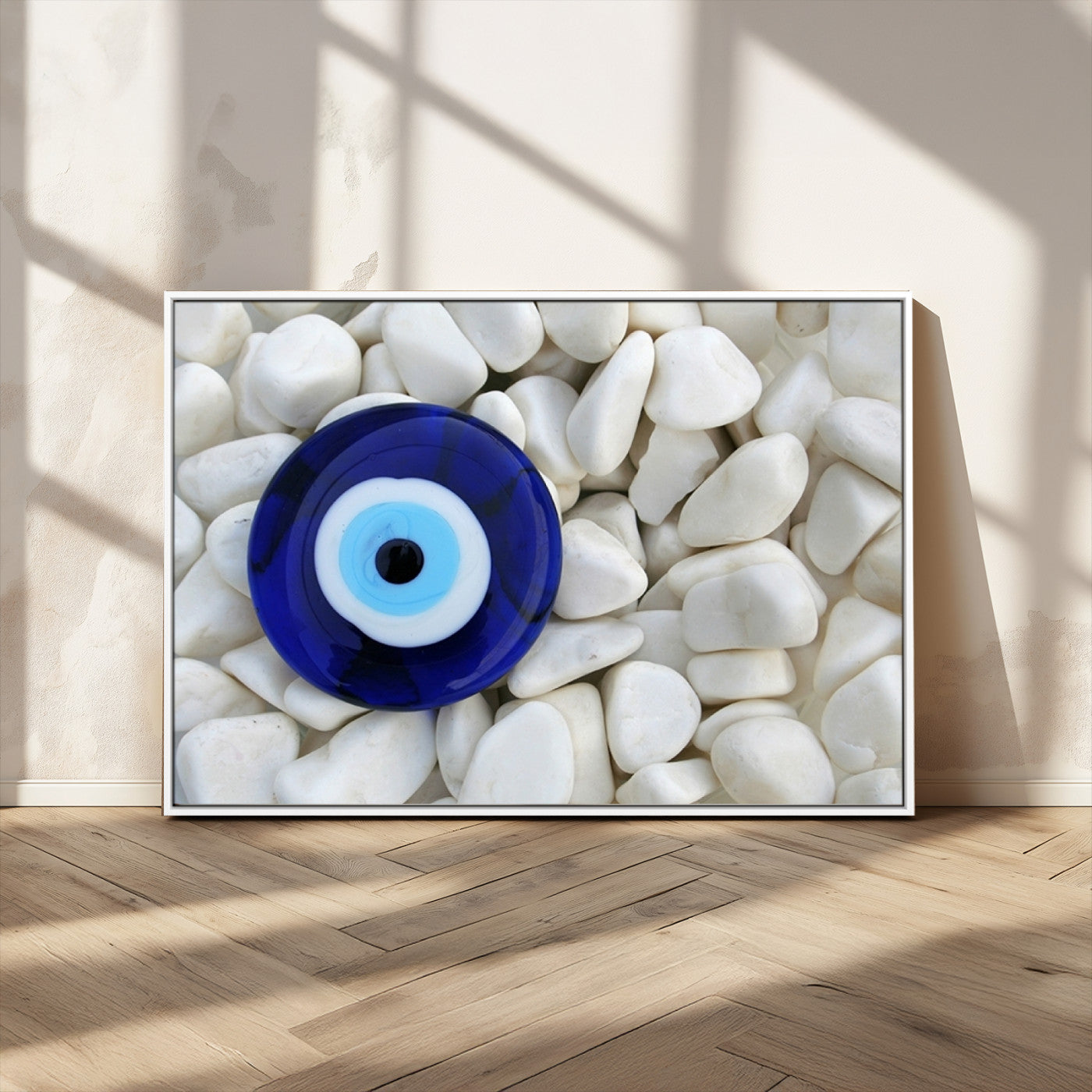 48883-MGV-CV-36X24-Evil Eye Wall Art – Deep Blue Symbol of Presence and Calm on White Stones, Subtle Spiritual Decor for Entryway, Studio, Office or