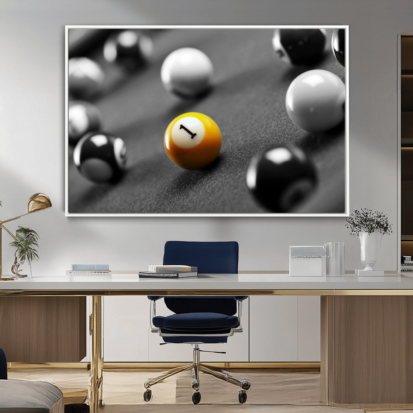 52108-MGV-CV-36X24-Precision Pool Table Wall Art – Close Up Yellow 1 Ball Canvas Print, Hand-Played Billiards Game Decor for Office, Game Room, or
