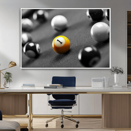 52108-MGV-CV-36X24-Precision Pool Table Wall Art – Close Up Yellow 1 Ball Canvas Print, Hand-Played Billiards Game Decor for Office, Game Room, or