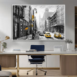 32362-MGV-CV-36X24-NYC Street Wall Art – Black and White Cityscape with Yellow Taxis and Umbrella Canvas Print, Urban Home Decor for Living Room or