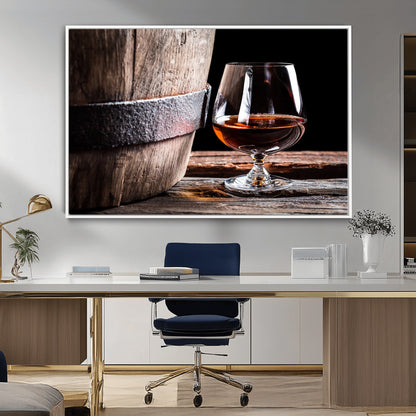 50839-MGV-FC-36X24_White-Barrel & Brandy Wall Art – Rustic Whiskey Barrel and Brandy Glass Canvas Print, Elegant Home Bar or Lounge Decor for Office, Man