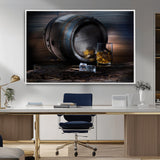 78049-MGV-CV-36X24-Whiskey Barrel Wall Art – Rustic Whiskey Barrel and Glass with Ice Canvas Print, Classic Bar or Lounge Decor for Home, Office, or