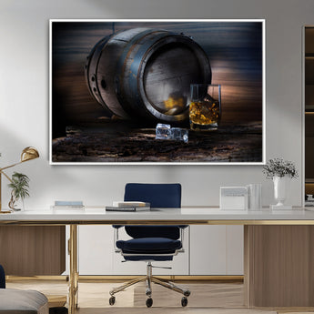 78049-MGV-CV-36X24-Whiskey Barrel Wall Art – Rustic Whiskey Barrel and Glass with Ice Canvas Print, Classic Bar or Lounge Decor for Home, Office, or