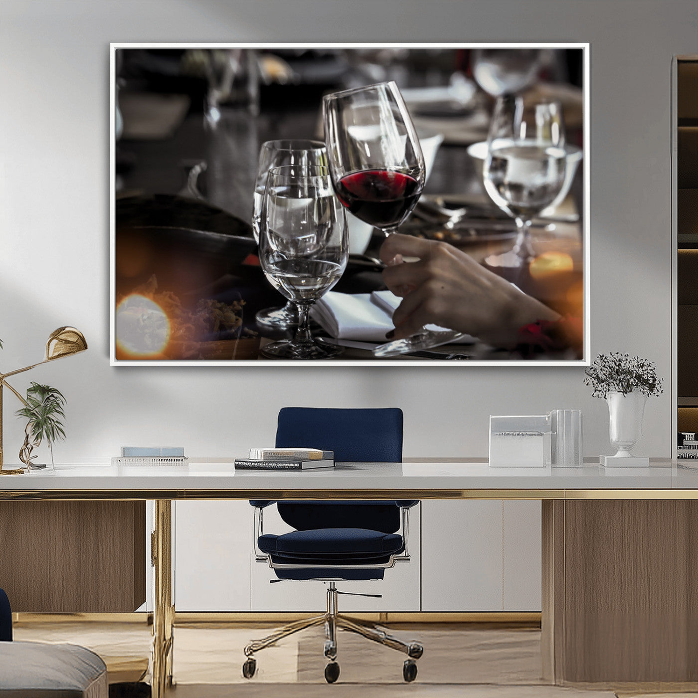 75513-MGV-CV-36X24-Elegant Wine Toast Wall Art – Close-Up Red Wine Glass at Dinner Table Canvas Print, Sophisticated Dining Room or Bar Decor