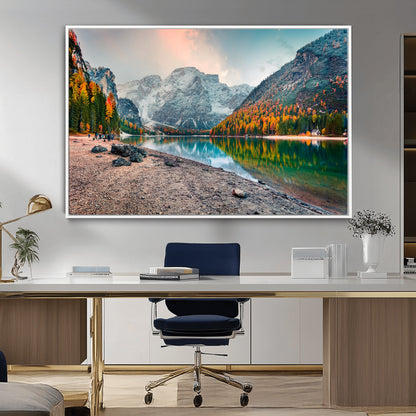 25982-MGV-FC-36X24_White-Autumn Mountain Lake Wall Art – Panoramic Fall Foliage and Snowy Peaks Canvas Print, Scenic Nature Decor for Living Room or Office