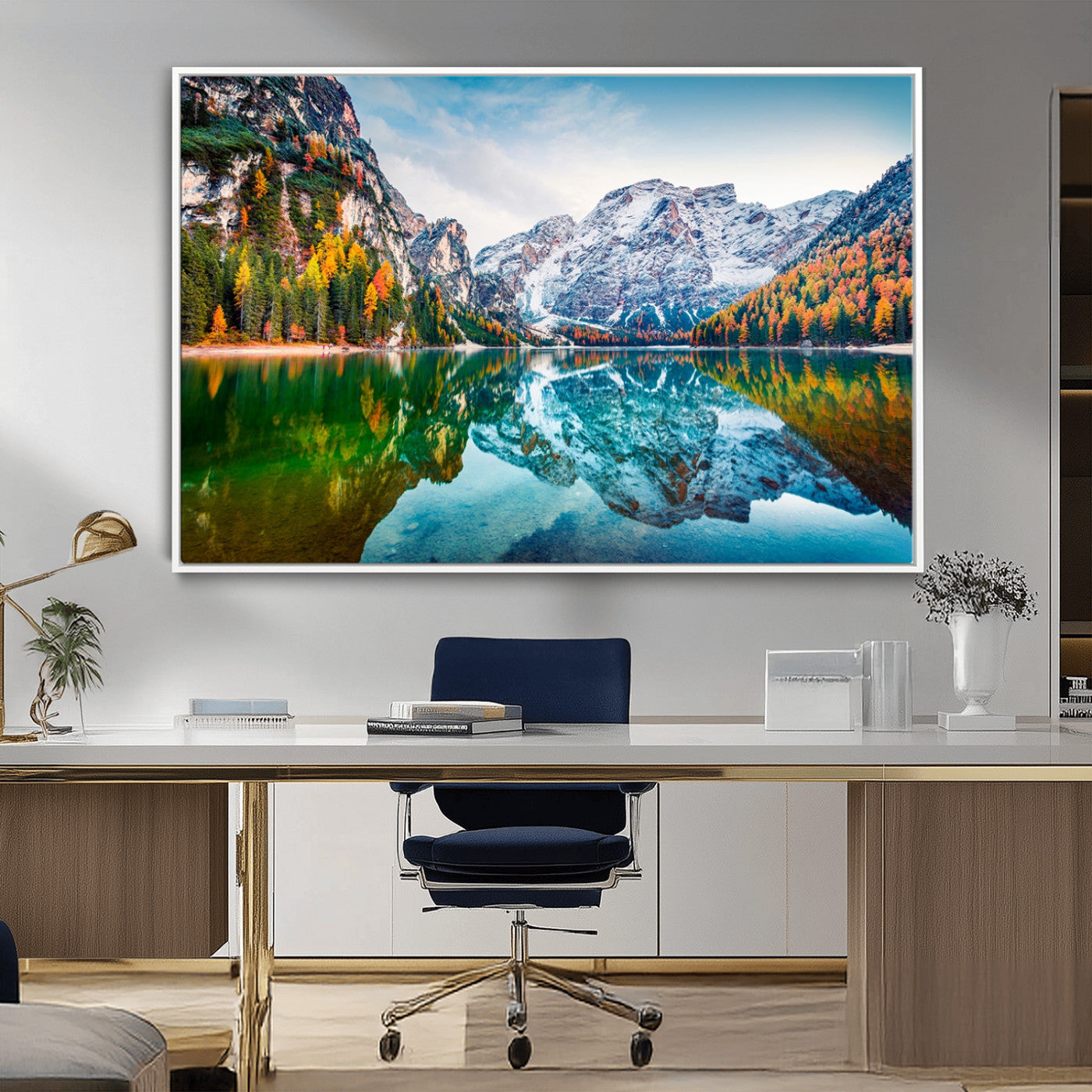 10402-MGV-CV-36X24-Snowy Mountain Lake Wall Art – Autumn Landscape Canvas Print with Reflection, Nature Decor for Living Room, Office, Bedroom or