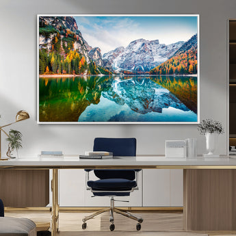 10402-MGV-CV-36X24-Snowy Mountain Lake Wall Art – Autumn Landscape Canvas Print with Reflection, Nature Decor for Living Room, Office, Bedroom or