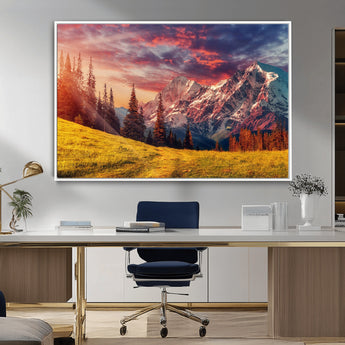 83947-MGV-CV-36X24-Sunset Mountain Landscape Wall Art – Panoramic Alpine Meadow and Snow Capped Peaks Canvas Print, Nature Scenic Decor for Home,