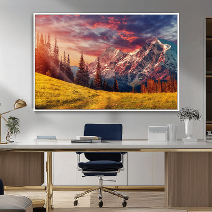 83947-MGV-CV-36X24-Sunset Mountain Landscape Wall Art – Panoramic Alpine Meadow and Snow Capped Peaks Canvas Print, Nature Scenic Decor for Home,