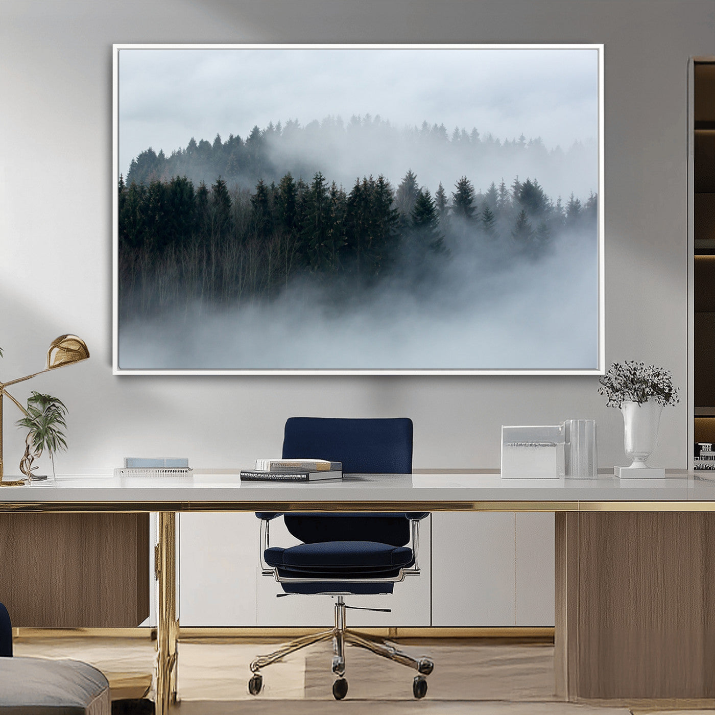 42596-MGV-CV-36X24-Misty Forest Wall Art – Atmospheric Pine Trees Canvas Print, Nature Landscape Decor for Living Room, Bedroom, Office, or Cabin