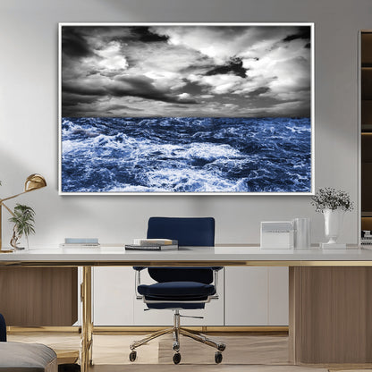 36012-MGV-CV-36X24-Dramatic Stormy Ocean Waves Black and White with Deep Blue Highlights – Moody Seascape Wall Art, Nature Photography Print for Home
