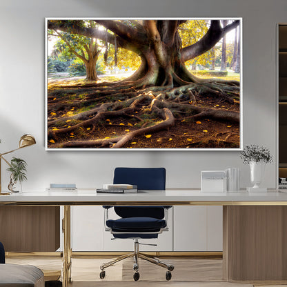 53335-MGV-CV-36X24-Majestic Tree with Sprawling Roots Wall Art – Serene Sunlit Park Scene, Nature Canvas Print, Perfect for Living Room, Office or