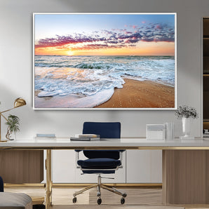 39560-MGV-CV-36X24-Sunrise Beach Wall Art – Vibrant Ocean Waves and Golden Sand Canvas Print, Seaside Coastal Decor for Living Room, Bedroom or