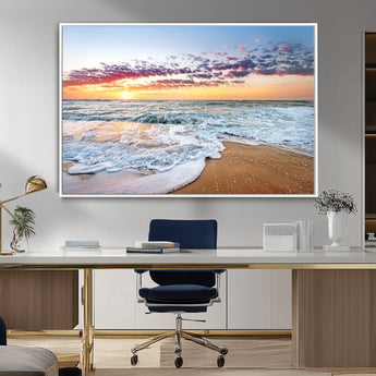 39560-MGV-CV-36X24-Sunrise Beach Wall Art – Vibrant Ocean Waves and Golden Sand Canvas Print, Seaside Coastal Decor for Living Room, Bedroom or