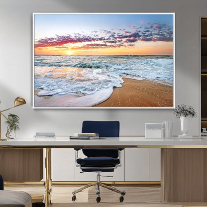 39560-MGV-CV-36X24-Sunrise Beach Wall Art – Vibrant Ocean Waves and Golden Sand Canvas Print, Seaside Coastal Decor for Living Room, Bedroom or