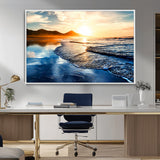 86173-MGV-CV-36X24-Golden Sunset Beach Wall Art – Reflective Ocean Canvas Print with Mountains and Waves, Coastal Nature Decor for Living Room,
