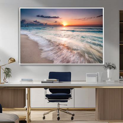71849-MGV-CV-36X24-Sunrise Ocean Beach Wall Art – Serene Seascape Canvas Print with Gentle Waves, Coastal Nature Decor for Bedroom, Living Room or