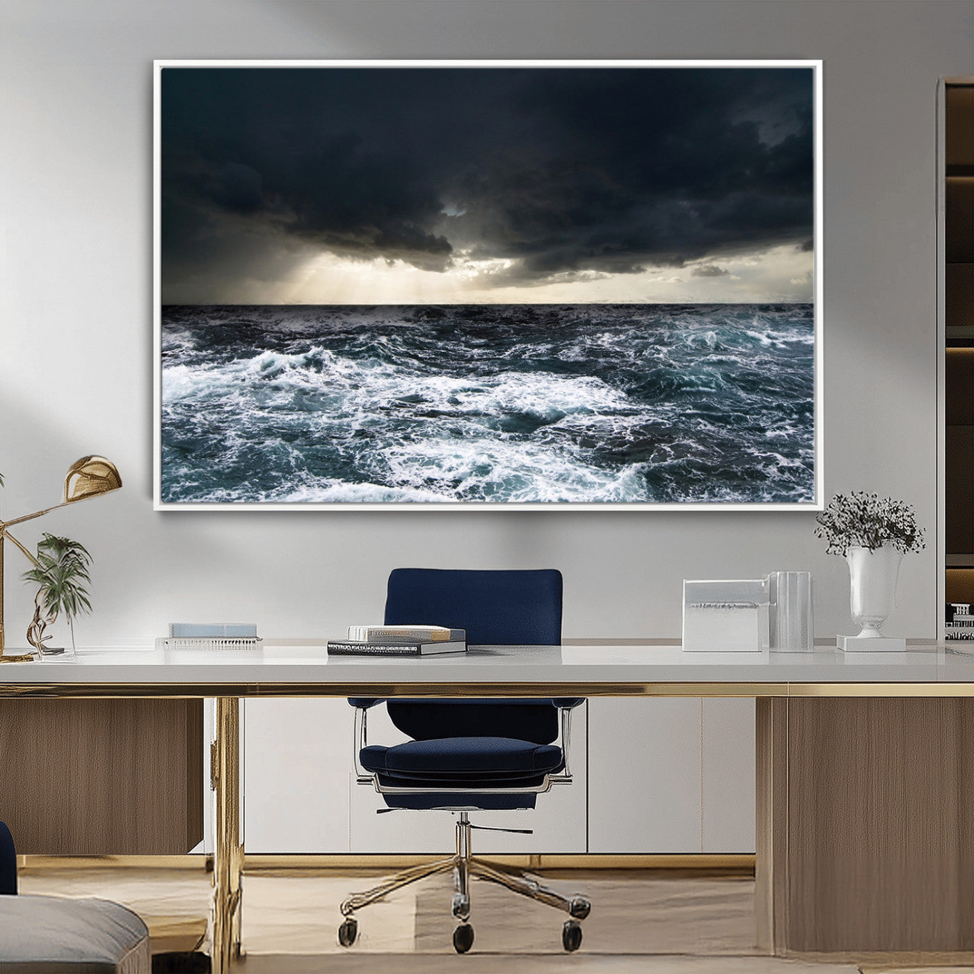 42607-MGV-CV-36X24-Stormy Ocean Wall Art – Dramatic Sea and Sky Canvas Print with Sun Rays, Moody Nature Decor for Living Room, Office, Bedroom or