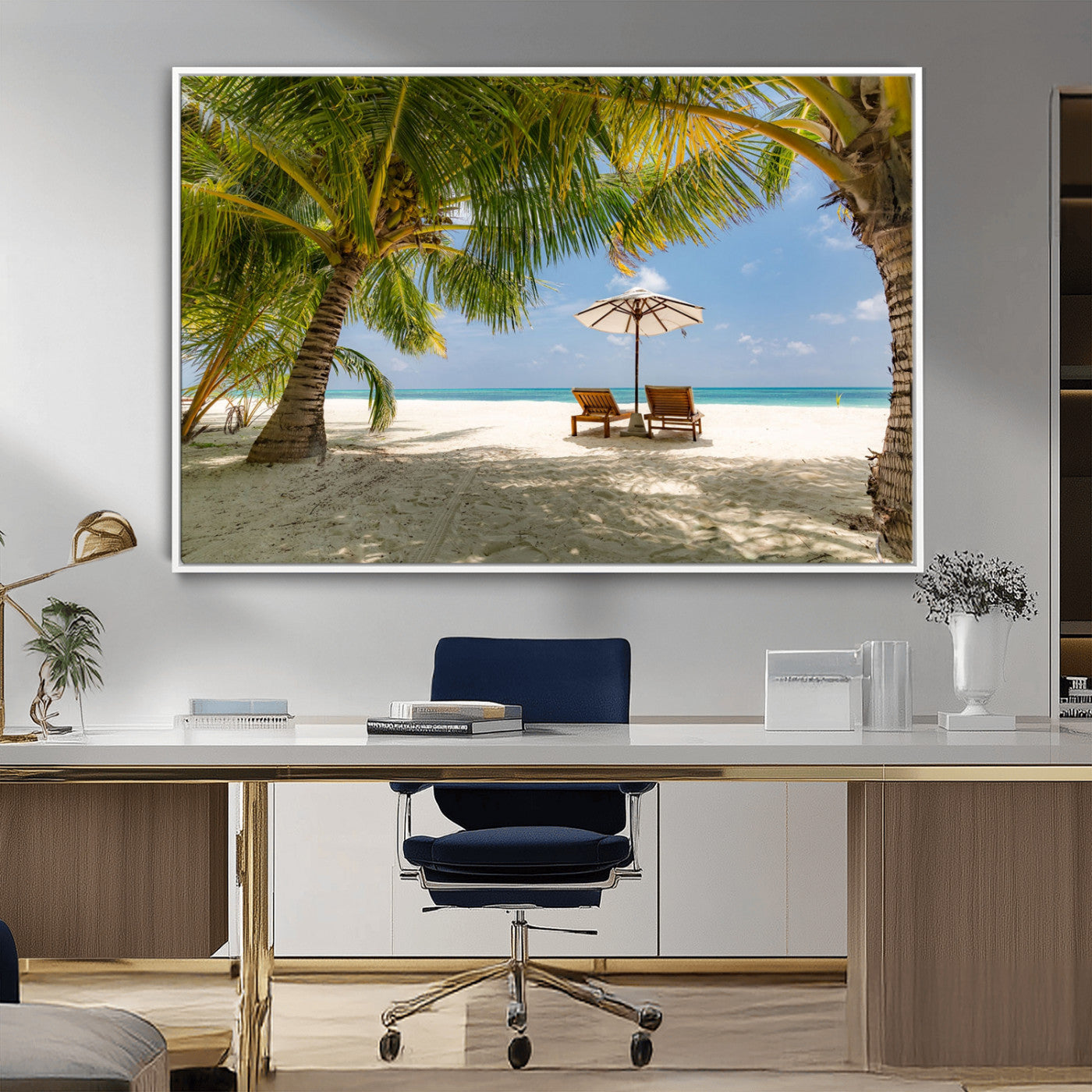 83601-MGV-CV-36X24-Tropical Beach Wall Art – Serene Palm Trees and Lounge Chairs Canvas Print, Relaxing Coastal Decor for Living Room, Bedroom or