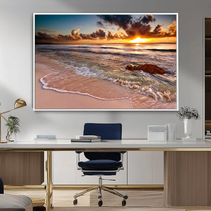 38302-MGV-CV-36X24-Sunset Beach Wall Art – Stunning Ocean Waves and Rock Canvas Print, Warm Coastal Decor for Living Room, Bedroom, Office or Beach