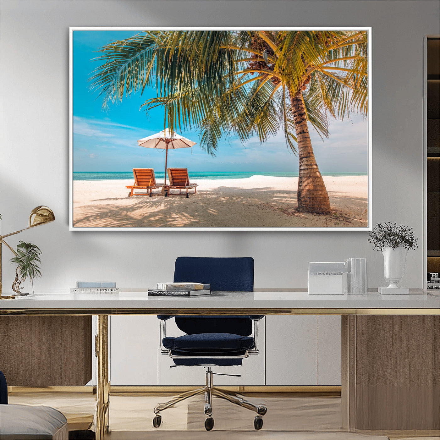 69754-MGV-FC-36X24_White-Tropical Beach Wall Art – Relaxing Palm Tree and Lounge Chairs Canvas Print, Serene Coastal Decor for Living Room, Bedroom, Office