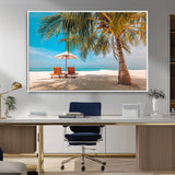 69754-MGV-FC-36X24_White-Tropical Beach Wall Art – Relaxing Palm Tree and Lounge Chairs Canvas Print, Serene Coastal Decor for Living Room, Bedroom, Office