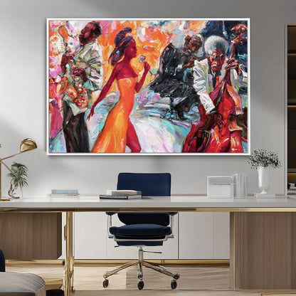 24452-MGV-CV-36X24-Vibrant Jazz Musician Painting - Expressive Art Print of Live Jazz Band, Perfect Wall Decor for Music Lovers and Art Enthusiasts