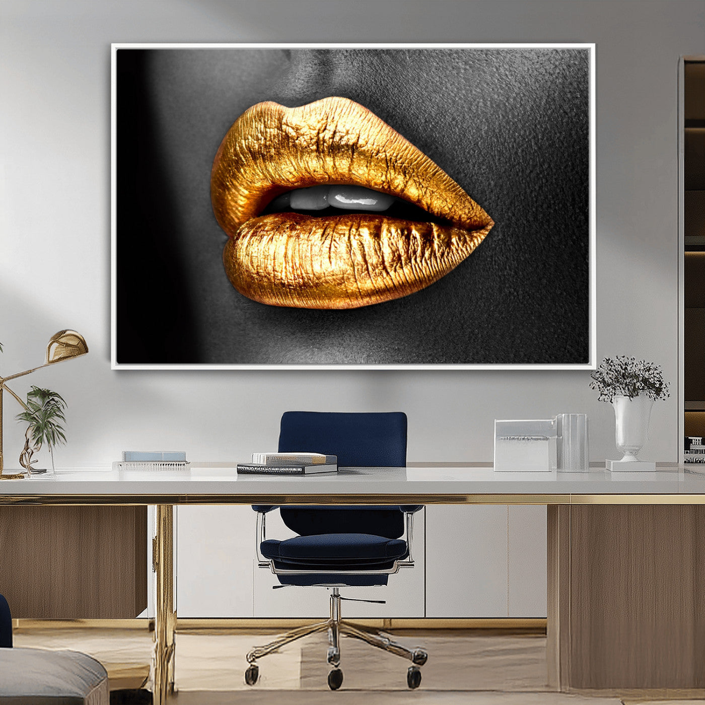 84747-MGV-CV-36X24-Golden Lips Black & White Portrait – Glamorous Metallic Lip Art Print, Modern Wall Decor for Bedroom, Beauty & Fashion Lover Gift