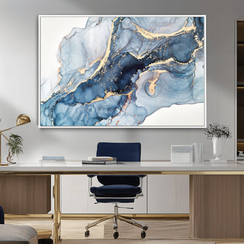 33782-MGV-CV-36X24-Abstract Marble Wall Art – Blue & Gold Fluid Painting Canvas Print, Modern Home Decor for Living Room, Bedroom or Office