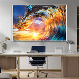 52890-MGV-CV-36X24-Surfing Wave Wall Art Canvas Print, Framed Sunset Ocean Art Picture Print, Ocean Wave Perfect Nautical Decor Artwork