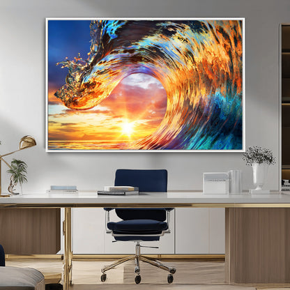 52890-MGV-CV-36X24-Surfing Wave Wall Art Canvas Print, Framed Sunset Ocean Art Picture Print, Ocean Wave Perfect Nautical Decor Artwork