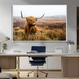 79391-MGV-CV-36X24-Majestic Highland Cow in Misty Scottish Moorland – Rustic Natural Charm, Perfect for Unique Home or Office Decor