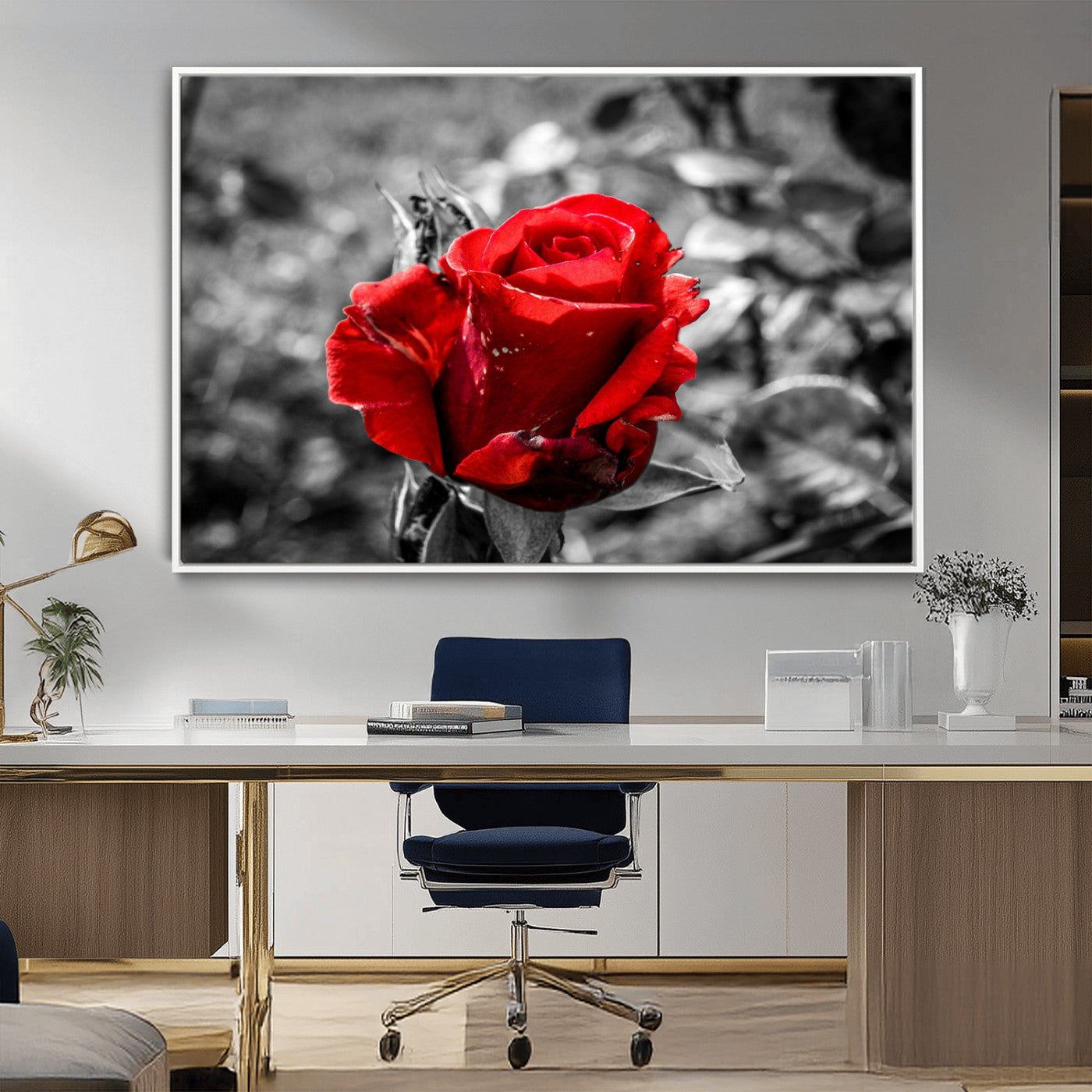 84671-MGV-FC-36X24_White-Red Rose Wall Art – Vibrant Single Bloom Canvas Print with Black and White Background, Elegant Floral Decor for Living Room,